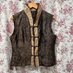 Women’s Asian Style Brocade Fur Trim Vest Sleeveless Brown Gold XXXL